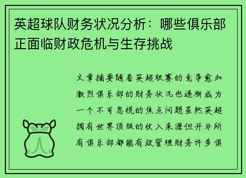 英超球队财务状况分析：哪些俱乐部正面临财政危机与生存挑战